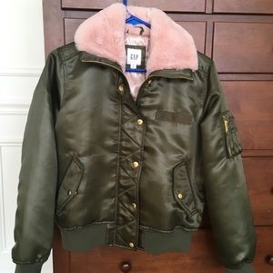GAP olive satin bomber jacket pink faux fur lining